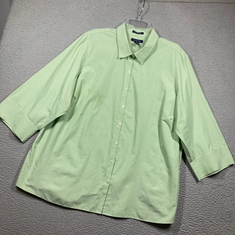 Lands End Button Up Shirt Women Plus 24W Green Pinstripe Wrinkle Free 3/4 Sleeve